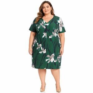 NWT Marina Rinaldi Destino Floral Printed Dress Green US 22 Tropical Resortwear